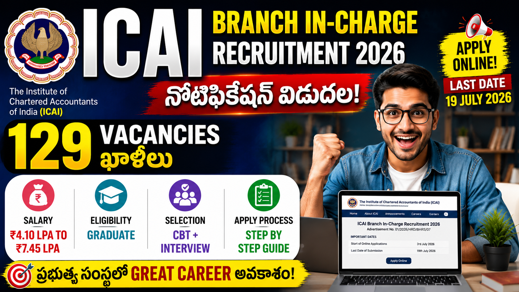 ICAI Branch In-Charge Recruitment 2026 in Telugu 129 Vacancies
