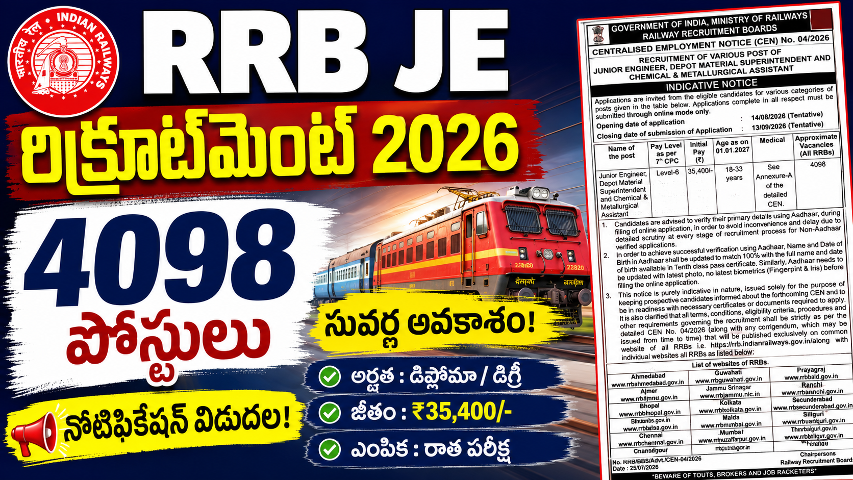 RRB JE Recruitment 2026 4098